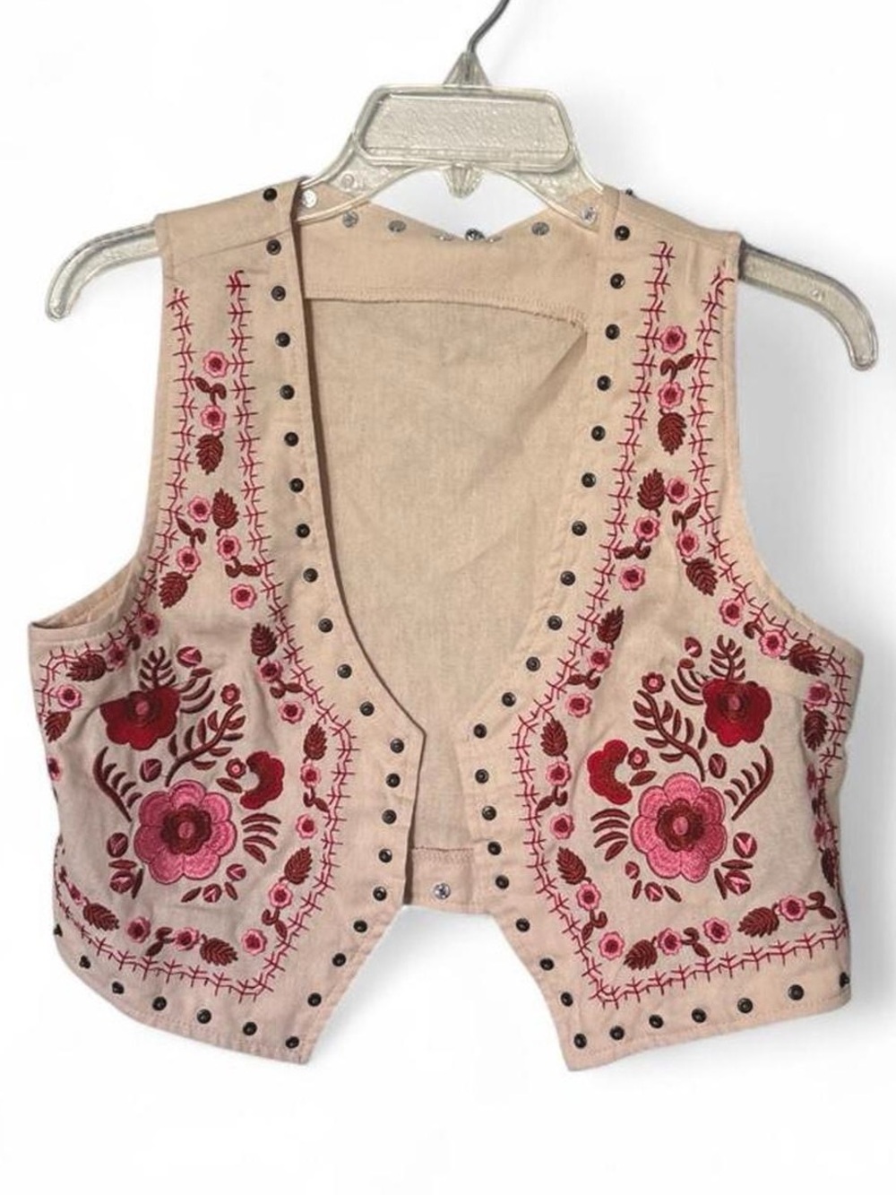 Bohemian Ethnic Embroidered Floral Beige Vest in Cream Pink & Red M